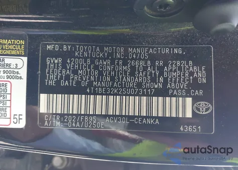 2005 Toyota Camry Le из США, поврежденный, VIN 4T1BE32K25U073117